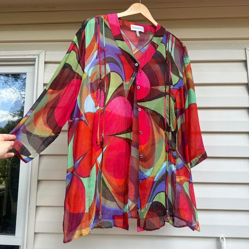 CHALOU Pink Red Oversized Blouse with Mandarin Collar